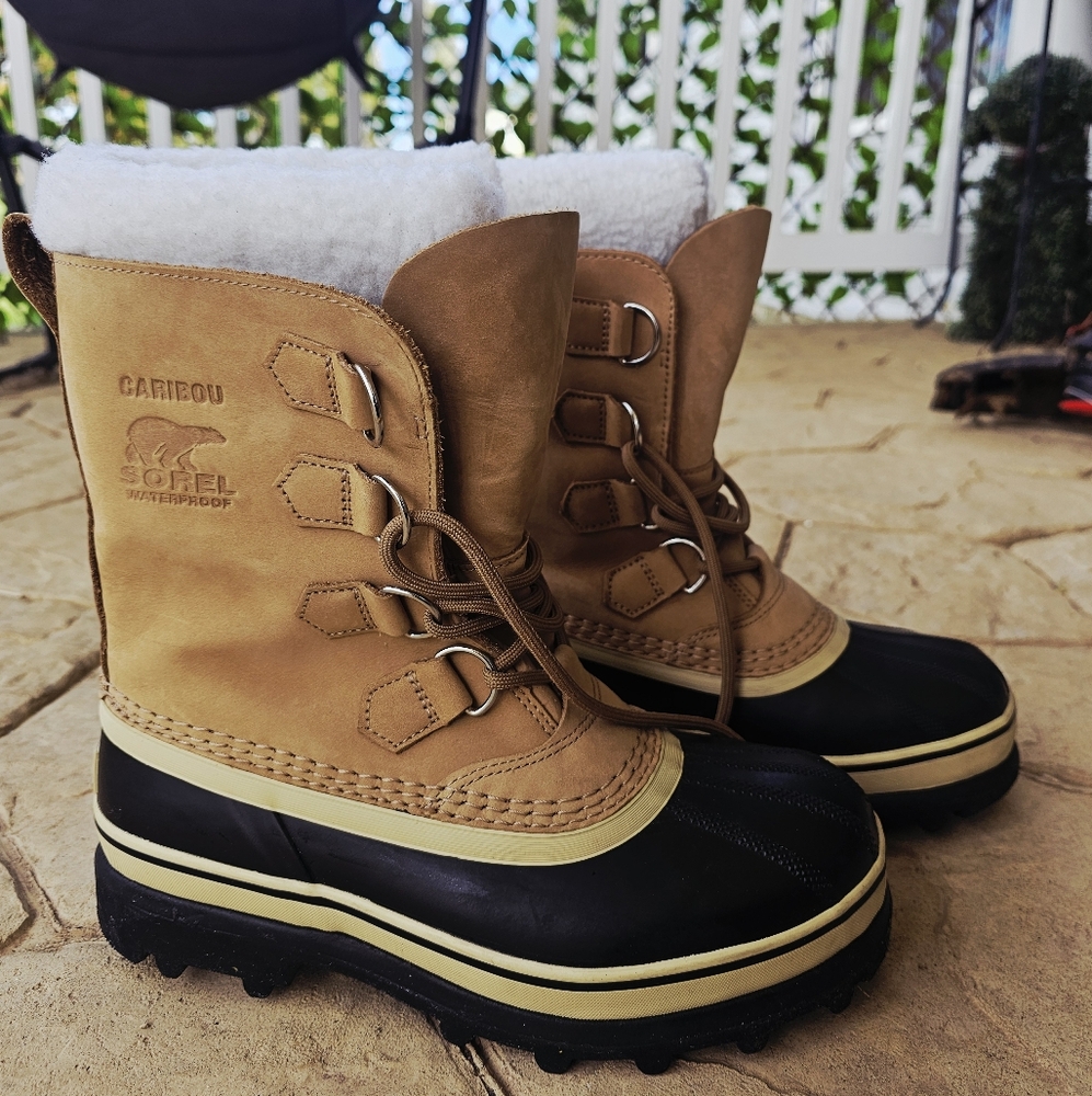 Sorel Caribou Boots Women 8 Tan Buff Waterproof Leather Wool Snow 1005-280 Nubuc